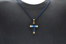 Load image into Gallery viewer, Mens Two-Toned Blue with Gold Tipped Stainless Steel Cross Pendant With 24" Box Chain - Blackjack Jewelry
