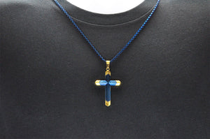 Mens Two-Toned Blue with Gold Tipped Stainless Steel Cross Pendant With 24" Box Chain - Blackjack Jewelry