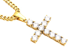 Load image into Gallery viewer, Mens Gold Plated Stainless Steel Cross Pendant With Cubic Zirconia Embedded - Blackjack Jewelry