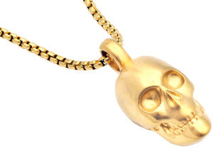 Mens Gold Plated Stainless Steel Skull Pendant Necklace With 24" Box Chain - Blackjack Jewelry