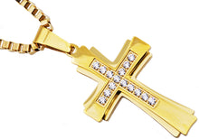 Load image into Gallery viewer, Mens Gold Stainless Steel Cross Pendant Necklace With Cubic Zirconia - Blackjack Jewelry