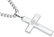 Load image into Gallery viewer, Mens Polished Stainless Steel Cross Pendant Necklace With Cubic Zirconia - Blackjack Jewelry