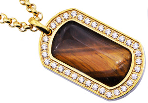 Mens Gold Stainless Steel Tiger Eye Dog Tag Pendant With Cubic Zirconia And 24" Rolo Chain - Blackjack Jewelry