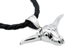 Load image into Gallery viewer, Mens Black Leather Stainless Steel Bull Pendant - Blackjack Jewelry