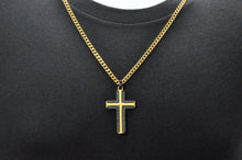 Load image into Gallery viewer, Mens Black And Gold Stainless Steel Cross Pendant Necklace With Black Cubic Zirconia - Blackjack Jewelry
