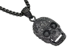 Load image into Gallery viewer, Mens Black Stainless Steel Skull Pendant With Black Cubic Zirconia - Blackjack Jewelry