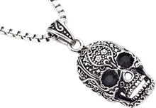 Load image into Gallery viewer, Mens Stainless Steel Skull Pendant With Black Cubic Zirconia - Blackjack Jewelry