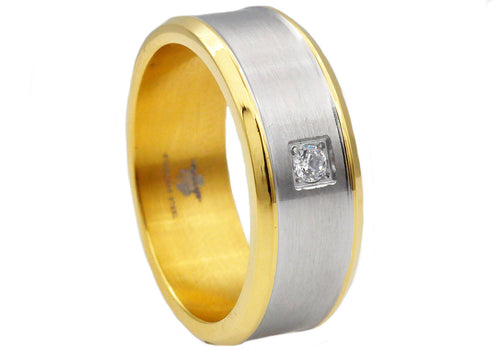 Mens Two Tone Gold Plated Stainless Steel Band Ring With Cubic Zirconia - Blackjack Jewelry