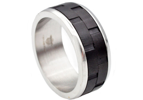 Mens Black And Silver Stainless Steel Brick Design 9mm Band Ring - Blackjack Jewelry