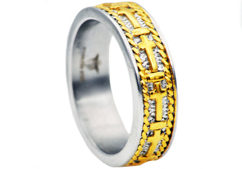 Mens Gold Stainless Steel Cross Band - Blackjack Jewelry