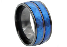 Load image into Gallery viewer, Mens 10mm Black And Blue Stainless Steel Hammered Ring - Blackjack Jewelry
