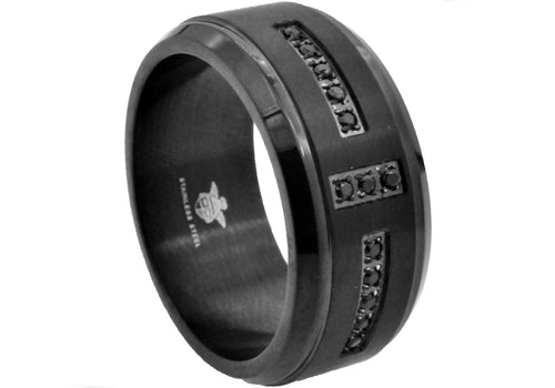 Mens Beveled Black Stainless Steel Band With Black Cubic Zirconia - Blackjack Jewelry