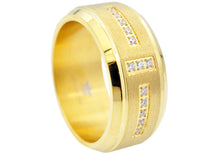 Load image into Gallery viewer, Mens Beveled Gold Stainless Steel Band With Cubic Zirconia - Blackjack Jewelry

