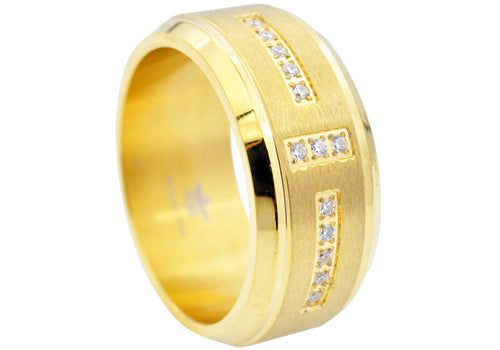 Mens Beveled Gold Stainless Steel Band With Cubic Zirconia - Blackjack Jewelry