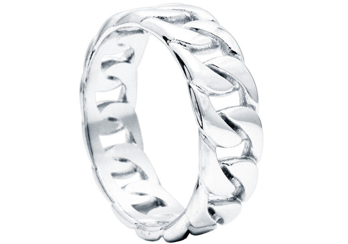 Mens 7mm Stainless Steel Cuban Link Band Ring - Blackjack Jewelry