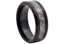 Load image into Gallery viewer, Mens Black Plated Tungsten Band Ring With Gray Carbon Fiber
