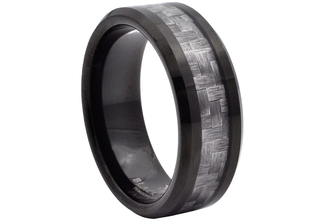 Mens Black Plated Tungsten Band Ring With Gray Carbon Fiber