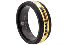 Load image into Gallery viewer, Mens Two Tone Black And Gold Tungsten Band Ring With Black Cubic Zirconia