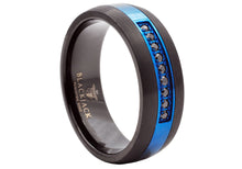 Load image into Gallery viewer, Mens Two Tone Black And Blue Tungsten Band Ring With Black Cubic Zirconia
