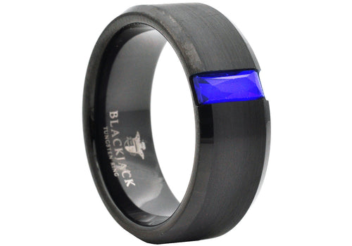 Mens 8mm Black Brushed And Polished Tungsten Band Ring With Blue Cubic Zirconia - Blackjack Jewelry