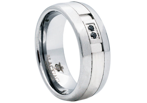 Mens 8mm Brushed And Polished Tungsten Band Ring With Black Cubic Zirconia - Blackjack Jewelry