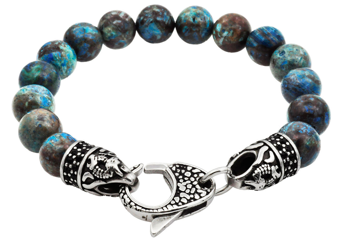 Mens Genuine Green Apatite Stainless Steel Beaded Bracelet With Black