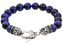Load image into Gallery viewer, Mens Genuine Blue Tiger Eye Stainless Steel Beaded Bracelet With Black Cubic Zirconia - Blackjack Jewelry
