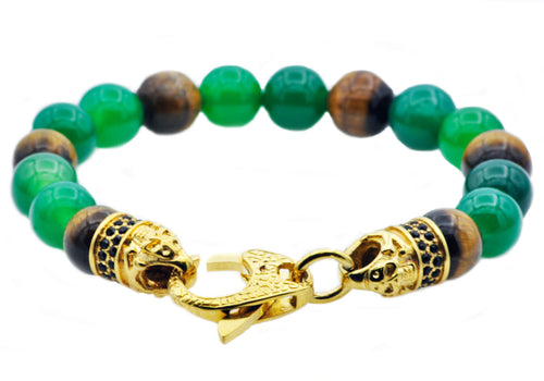 Mens Genuine Green Agate And Tiger Eye Gold Stainless Steel Beaded Bracelet - Blackjack Jewelry