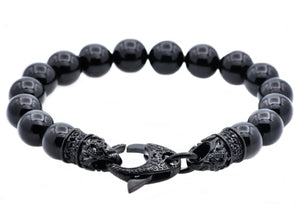 Mens Genuine Onyx Black Stainless Steel Beaded Bracelet With Black Cubic Zirconia - Blackjack Jewelry