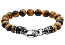 Load image into Gallery viewer, Mens Genuine Tiger Eye Stainless Steel Beaded Bracelet With Black Cubic Zirconia - Blackjack Jewelry