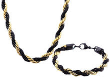 Load image into Gallery viewer, Mens Black And Gold Stainless Steel Rope Link Chain Set - Blackjack Jewelry