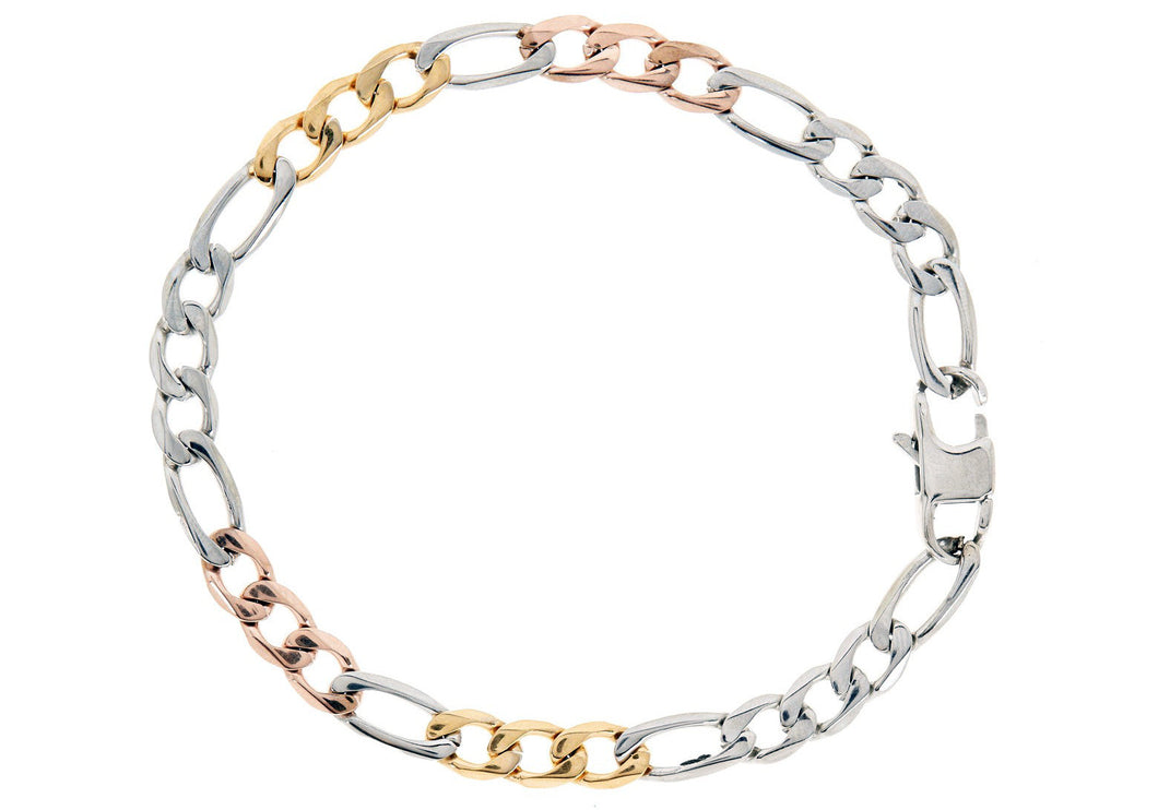 Mens Tricolor Rose and Yellow Gold Stainless Steel Figaro Link Chain Bracelet - Blackjack Jewelry