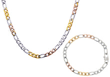 Load image into Gallery viewer, Mens Tri Color Yellow And Rose Gold Stainless Steel Figaro Link Chain Set - Blackjack Jewelry