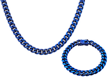 Load image into Gallery viewer, Mens 10mm Matte Blue Stainless Steel Cuban Link Chain With Box Clasp Set - Blackjack Jewelry