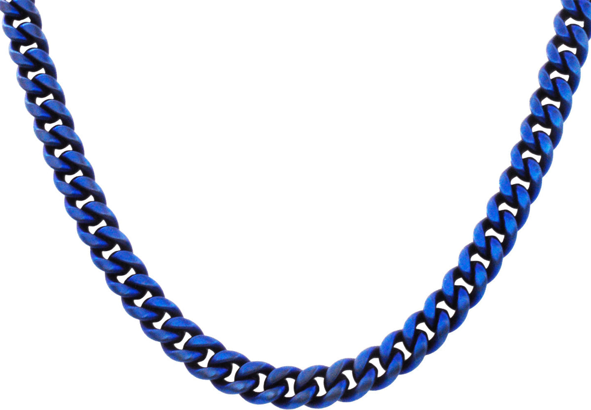 Mens 10mm Matte Blue Stainless Steel Miami Cuban Link Chain Necklace W
