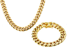 Load image into Gallery viewer, Mens 14mm Gold Stainless Steel Miami Cuban Link Chain With Box Clasp Set - Blackjack Jewelry