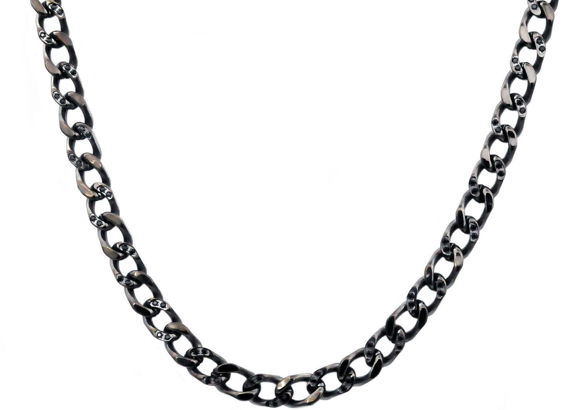 Mens Gunmetal Stainless Steel Curb Link Chain Necklace With Cubic Zirc