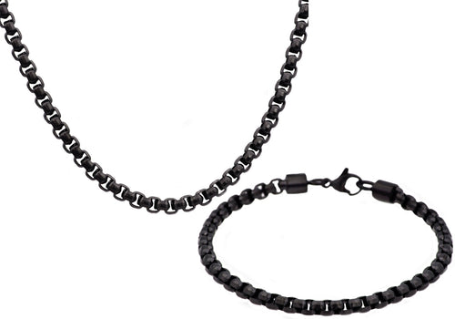 Mens Diamond Cut Black Stainless Steel Box Rolo Link Chain Set - Blackjack Jewelry
