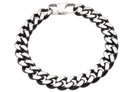Mens Two-Toned Matt Black Stainless Steel Curb Link Bracelet - Blackjack Jewelry