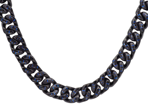 Men's 12mm Black Plated Stainless Steel Cuban Link Chain Necklace With Blue Carbon Fiber