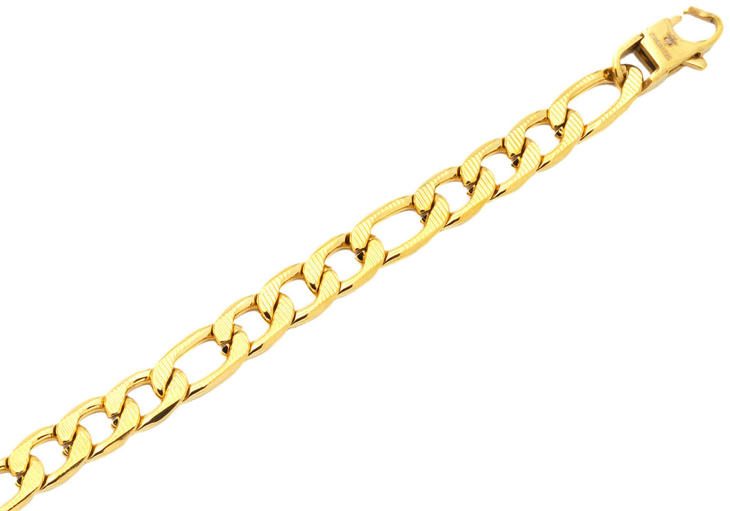 Mens Gold Plated Textured Stainless Steel Figaro Link Chain Bracelet - Blackjack Jewelry