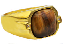 Load image into Gallery viewer, Mens Genuine Tiger Eye Gold Stainless Steel Ring With Cubic Zirconia - Blackjack Jewelry
