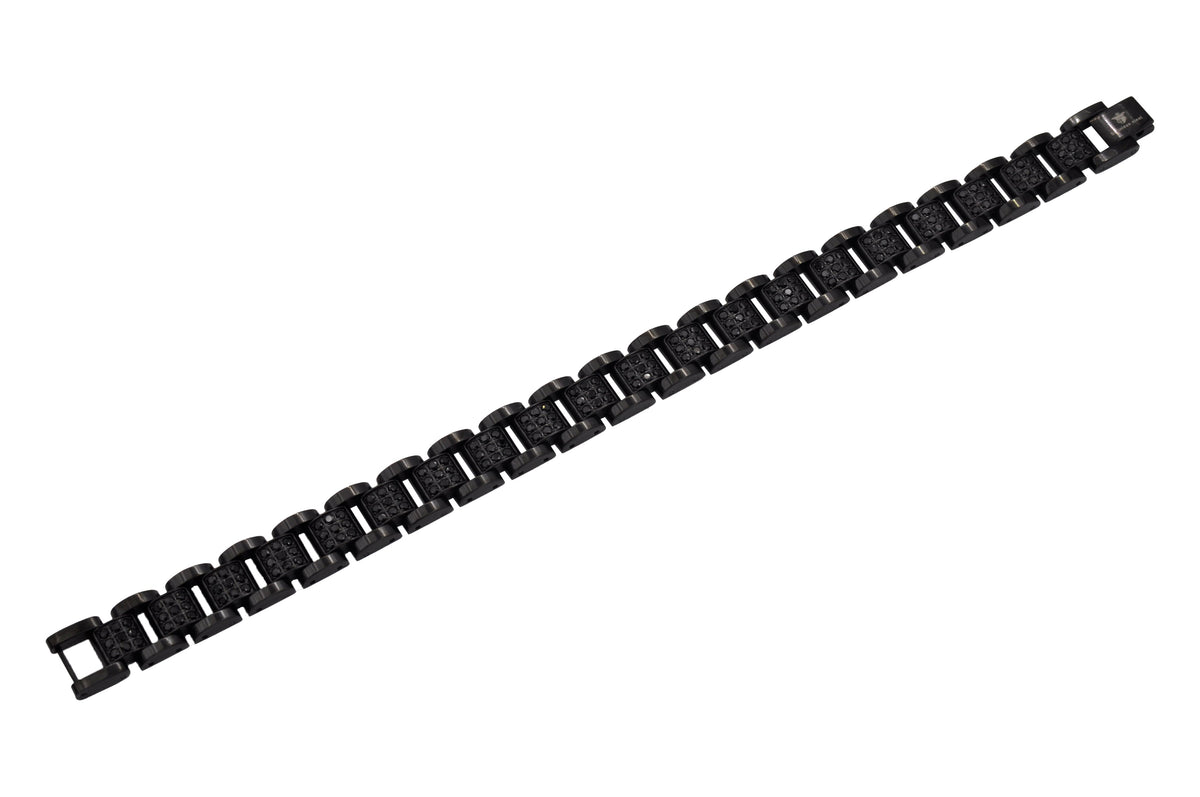 Mens Black Stainless Steel Link Bracelet With Black Cubic Zirconia