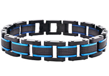 Load image into Gallery viewer, Mens Black Plated Textured Stainless Steel Bracelet With Blue Plated Lines
