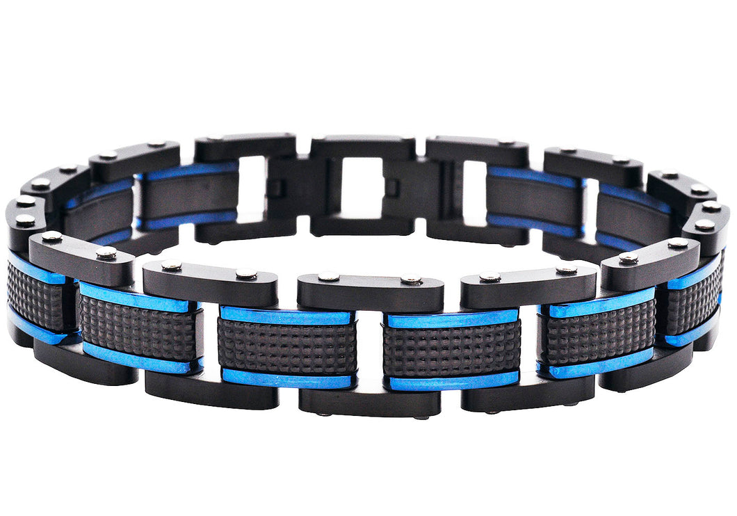 Mens Black Plated Textured Stainless Steel Bracelet With Blue Plated Lines