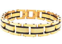 Load image into Gallery viewer, Mens Gold Textured Stainless Steel Bracelet With Black Plated Lines
