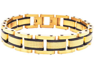 Mens Gold Textured Stainless Steel Bracelet With Black Plated Lines