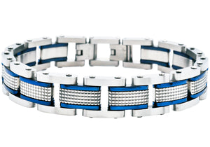 Mens Textured Stainless Steel Bracelet With Blue Plated Lines