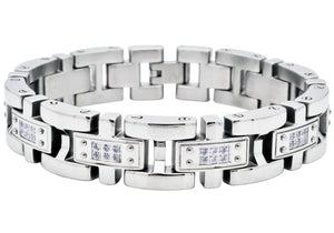 Mens Stainless Steel Link Bracelet With Cubic Zirconia
