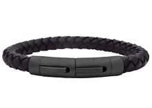 Load image into Gallery viewer, Mens Black Leather Stainless Steel Extendable Bracelet
